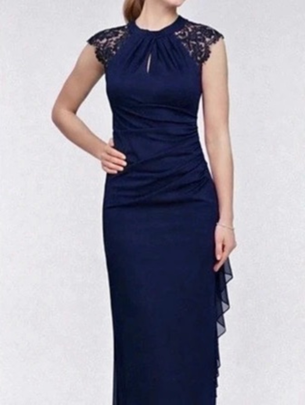 Betsy & Adam Lace Trim Short Sleeve Keyhole Gown Blue Maxi Dress